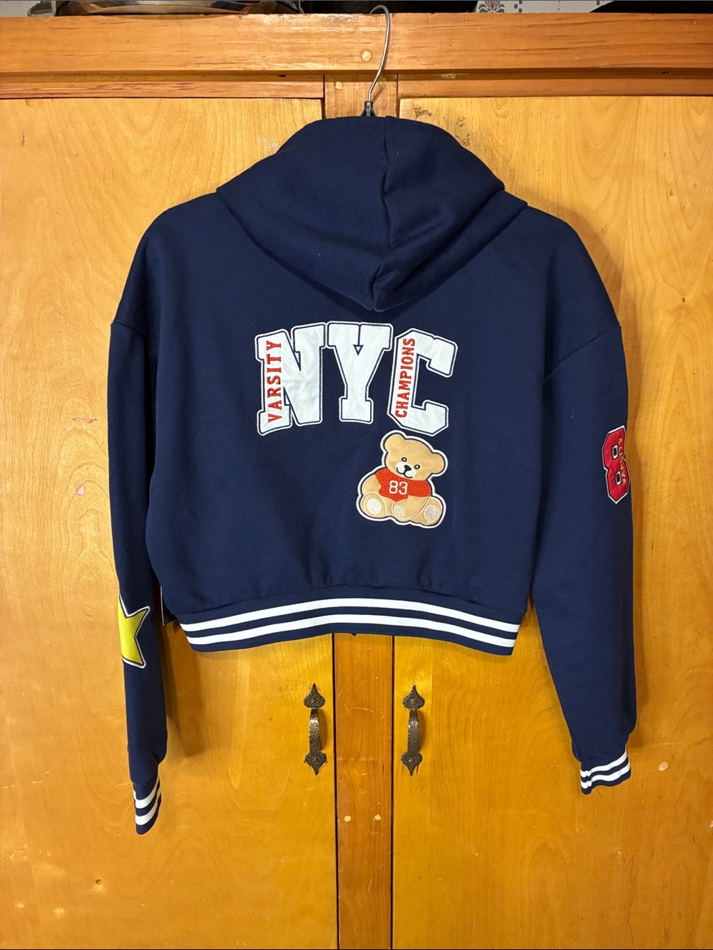Forever 21 Kids Navy Hooded Varsity Jacket with Teddy & NYC Patches - Picture 2 of 10